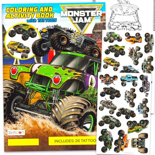 Monster Jam Temporary Tattoos Party Pack - Bundle with 26 Gravedigger Monster Truck Tattoos and Monster Truck Coloring Book | Monster Jam Party Supplies