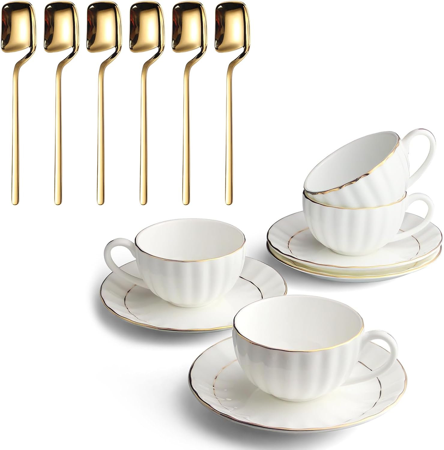 IQCWOOD 5.6 Inches Coffee Spoons Set of 6+ Tea Cup and Saucers Set of 4(6.09oz)
