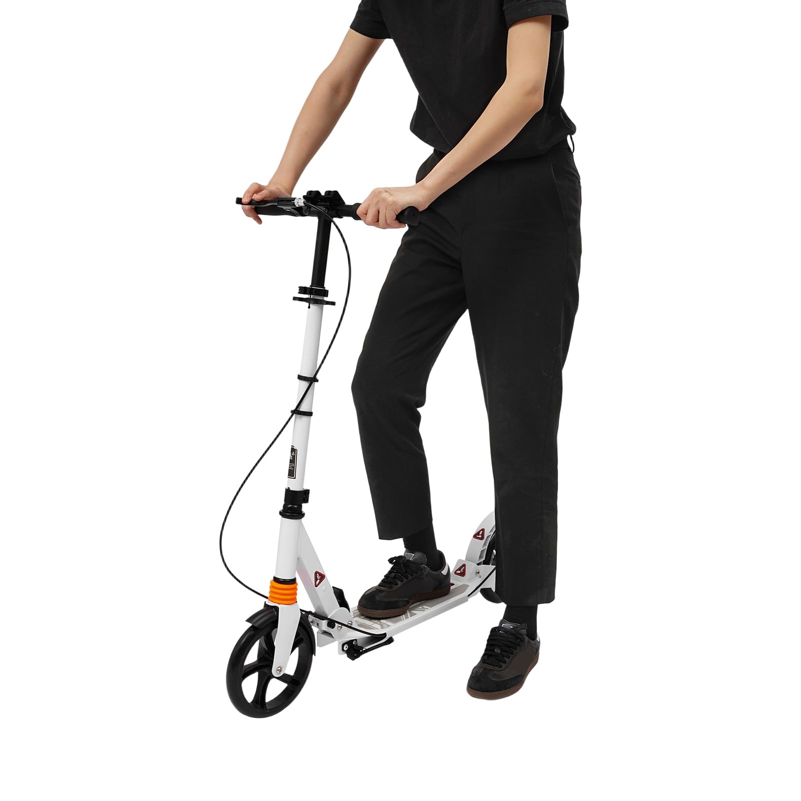 Patinete de ciudad plegable, altura ajustable, de aluminio para hasta 100 kg, cómodo patinete para adultos y jóvenes con frenos de disco dobles, color blanco