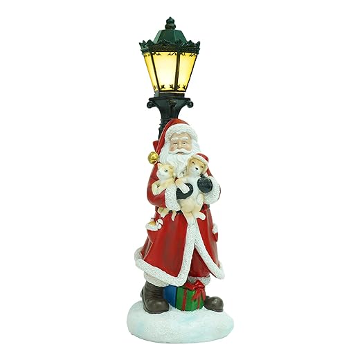 DUSVALLY Christmas Santa Figurine Decoration Table Statue with Streetlight LED Light-up Gift for Kid & Adult, Santa Claus & Puppy Resin Sculpture for Home & Office, 14''H