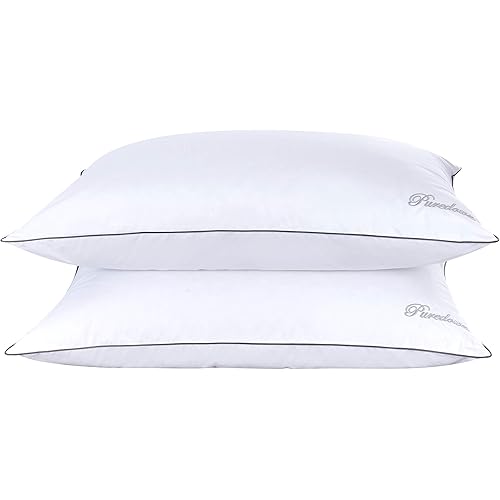 puredown Natural Goose Down Feather Bed Pillow Beautiful Embroidered Design T233 Cotton Cover Standard Size Set of 2
