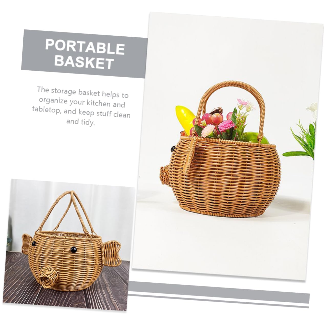 Cabilock 2 Piezas Cesta Tejida de Ratán Sintético para Almacenamiento y Picnic Diseño de Cerdo Cartoon para Frutas Verduras y Accesorios Cesta Multifuncional de Almacenamiento Artesanal