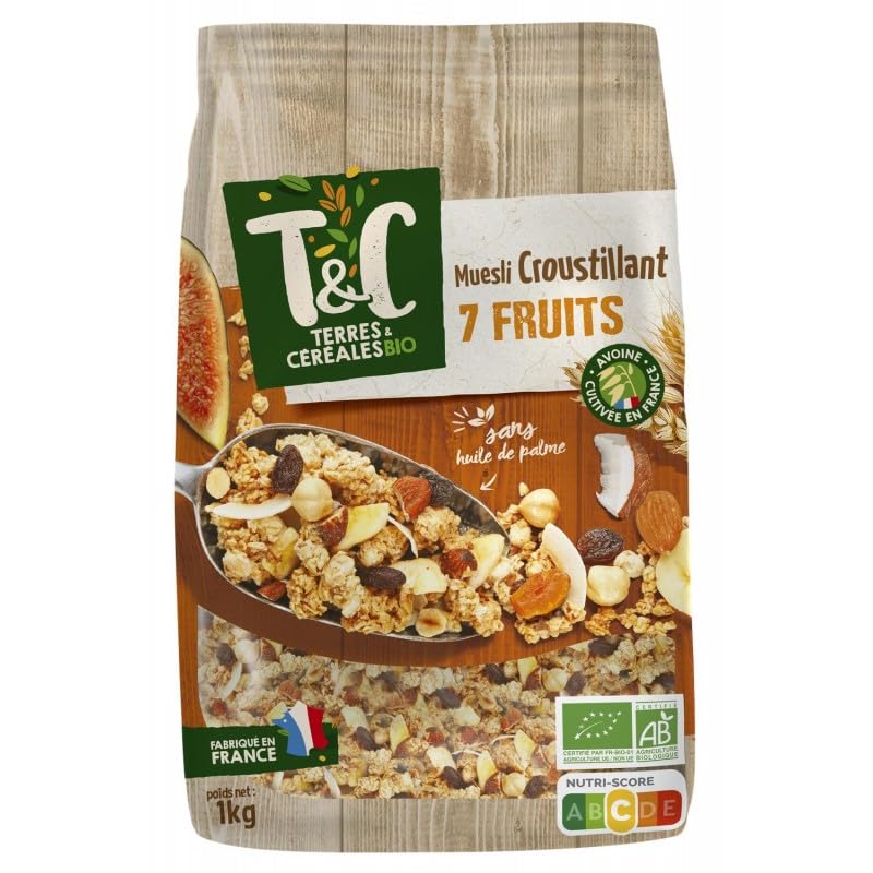 Muesli croustillant 7 fruits bio de TERRES ET CEREALES - Saveur naturelle et nutritive, 1kg – Épicerie sucrée diététique. - Le Lot De 3
