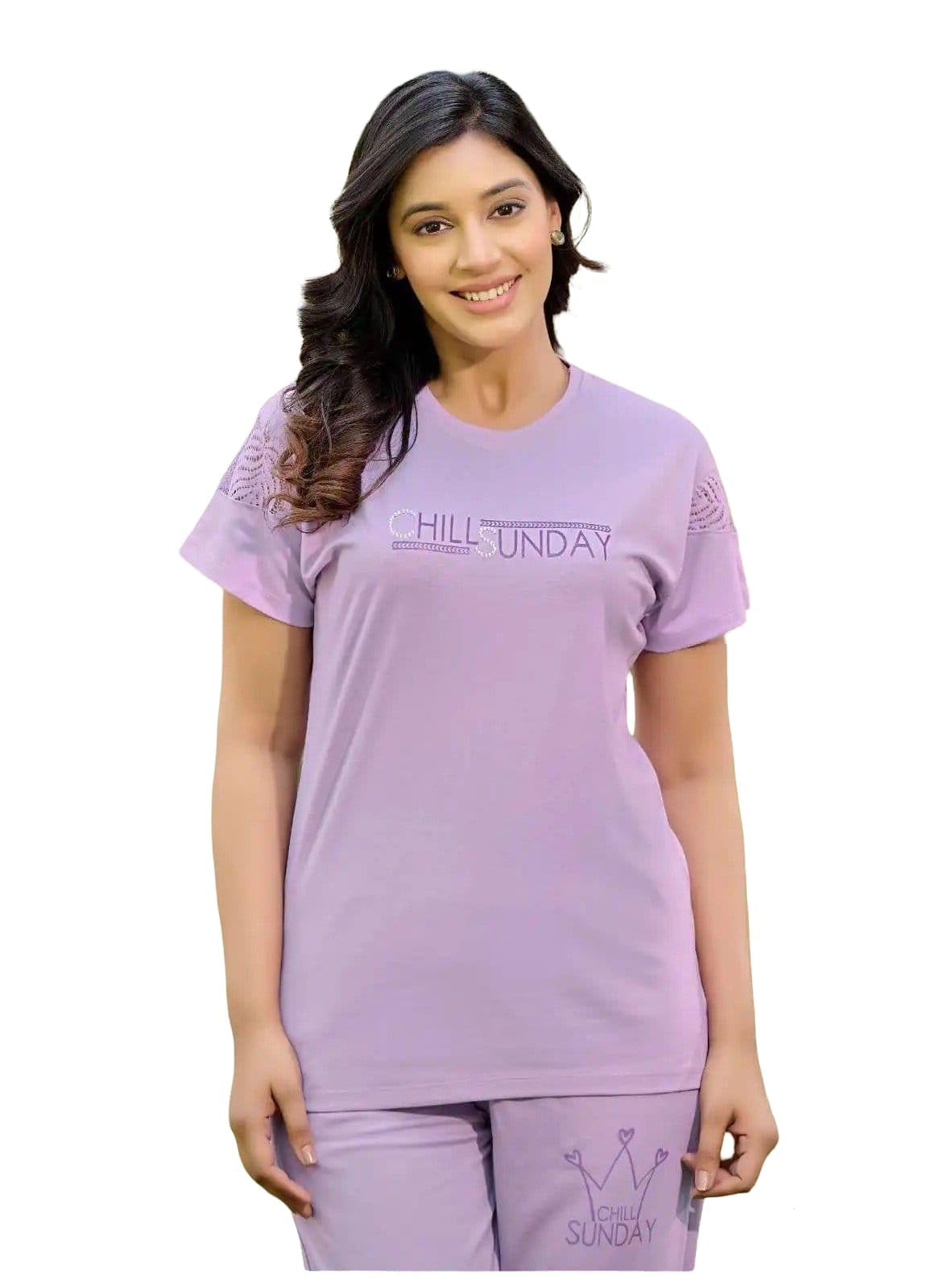 LUVIT Platinum Women's Tencel Night Wear Set, Short Sleeve Top with Pants, Size M (Light Purple)