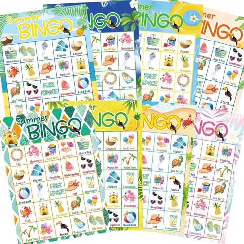Fancy Land Summer Bingo Game for Kids 24 Players Hawaiian Tropical Summer Luau End of Year Graduation Party Favors Supplies