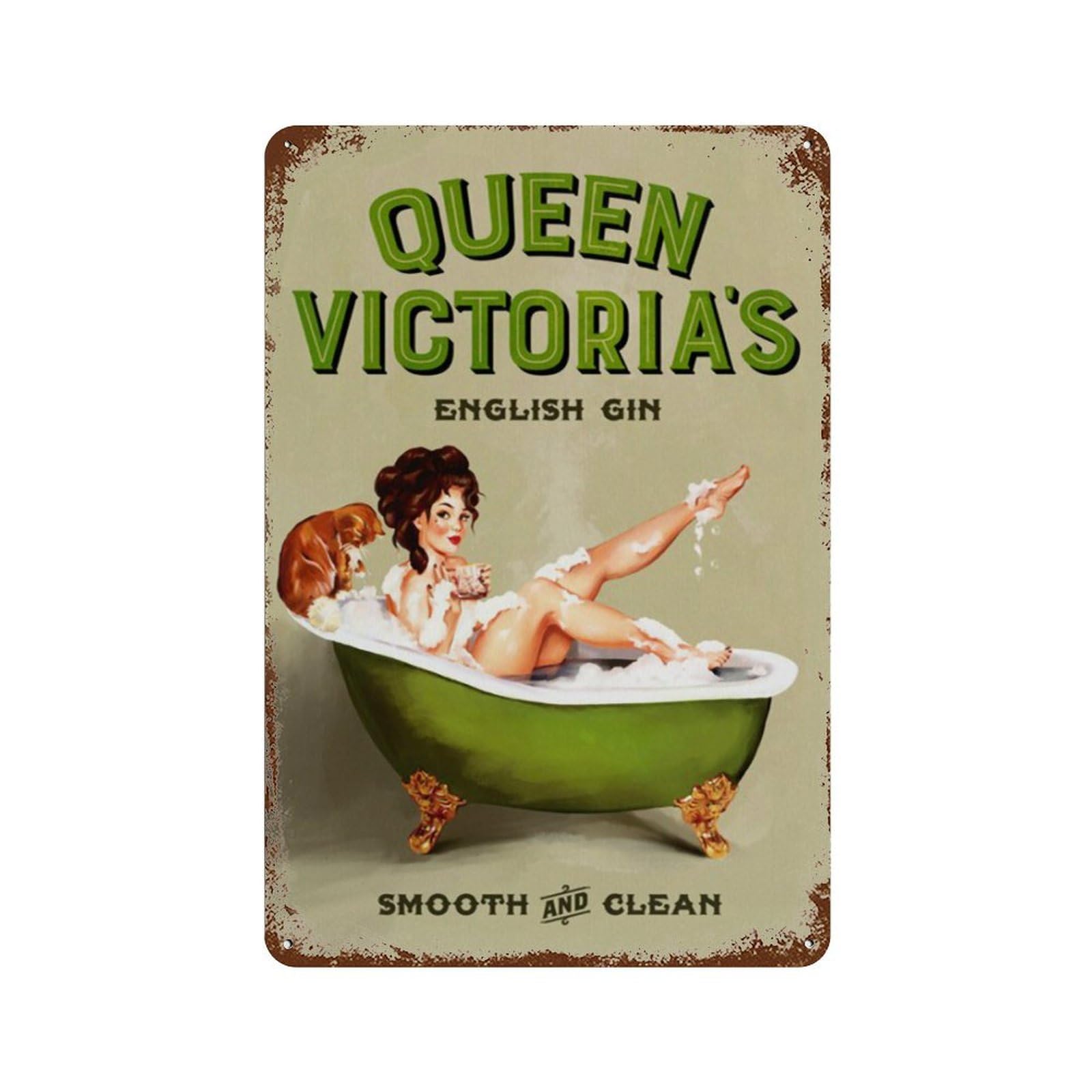 Jaesxxco Girls Tin Sign7 Queen Victoria's English Gin Vintage Pinup In The Bath Alcohol Ad Poster.cool Wall Art For Alcohol & Retro Art Lovers!Home Bar Kitchen Coffee Man Cave Garage Wall Decor Art Tin Sign 8X12 Inch