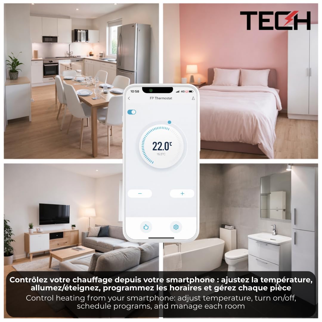 TECH Thermostat Connecté Zigbee WiFi pour Radiateur Électrique – Programmable, Contrôle à Distance, Compatible Assistant Vocal – Prime CEE BAR-TH-173