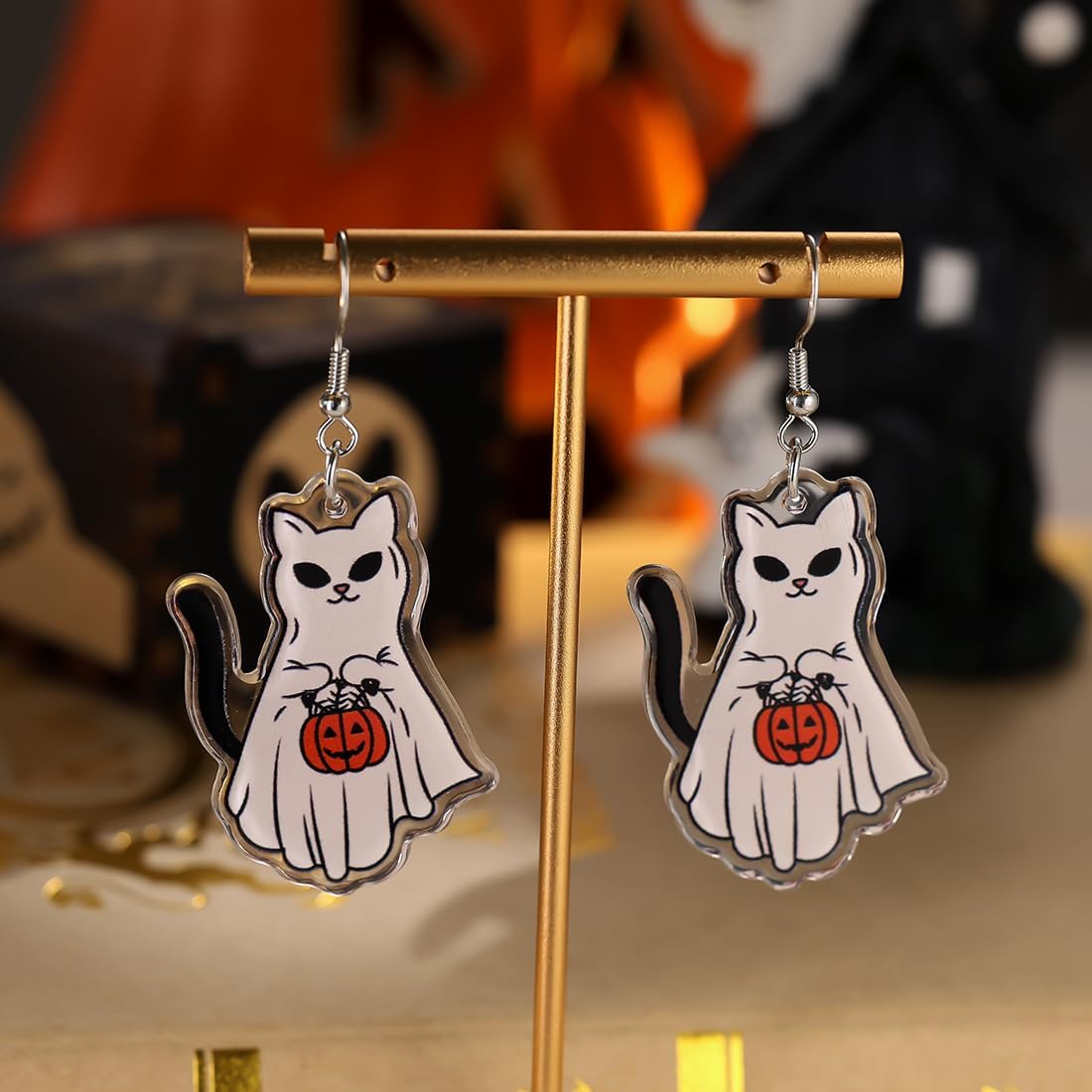 Halloween Cat Earrings for Women - Spooky Cute Ghost Cat Pumpkin Dangle Jewelry, Fun Halloween Outfit Accessories Gifts - Image 6