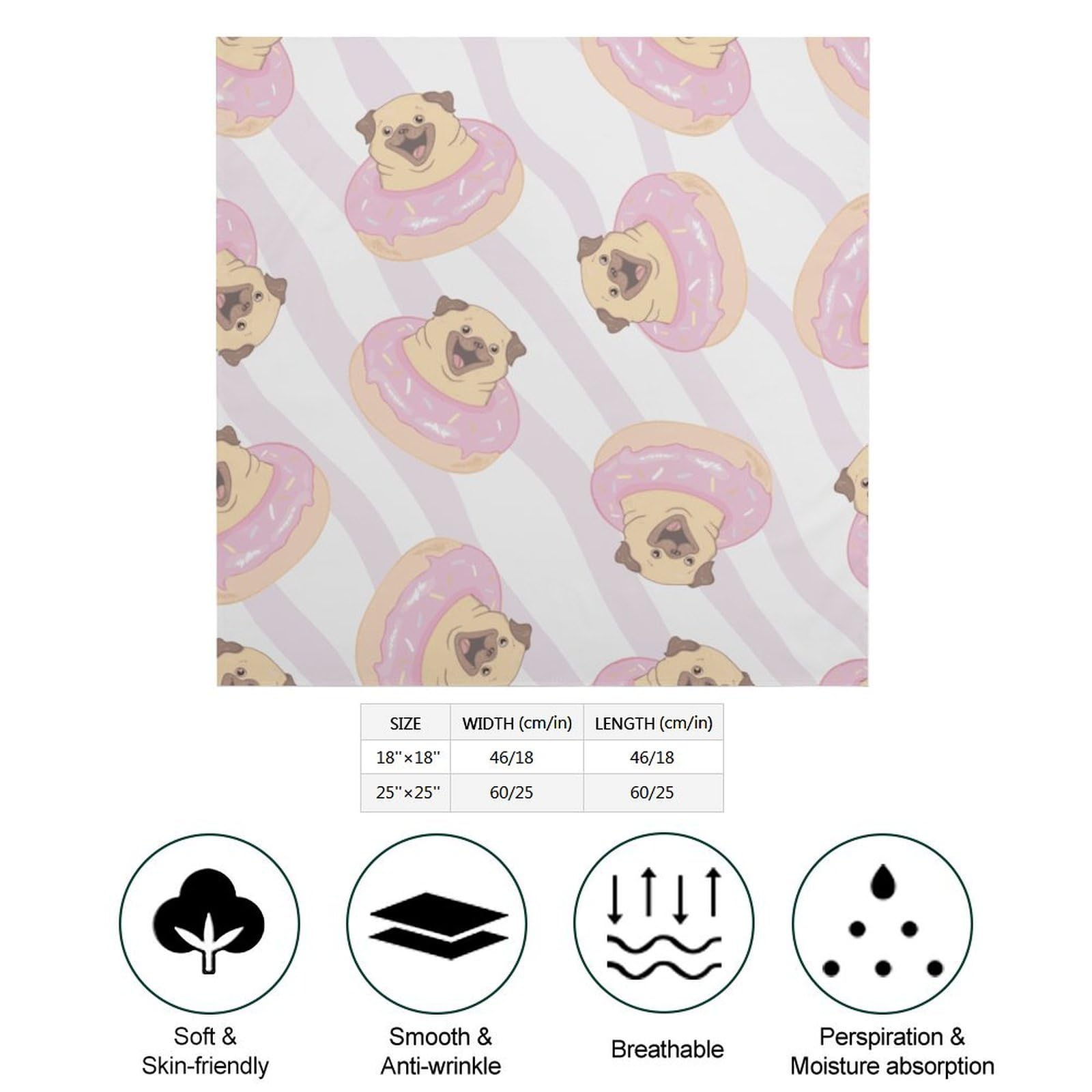 Csemeie Pug Donuts Pattern Bandana Hair Scarf Headband Adjustable Neckerchief for Men Women Decor