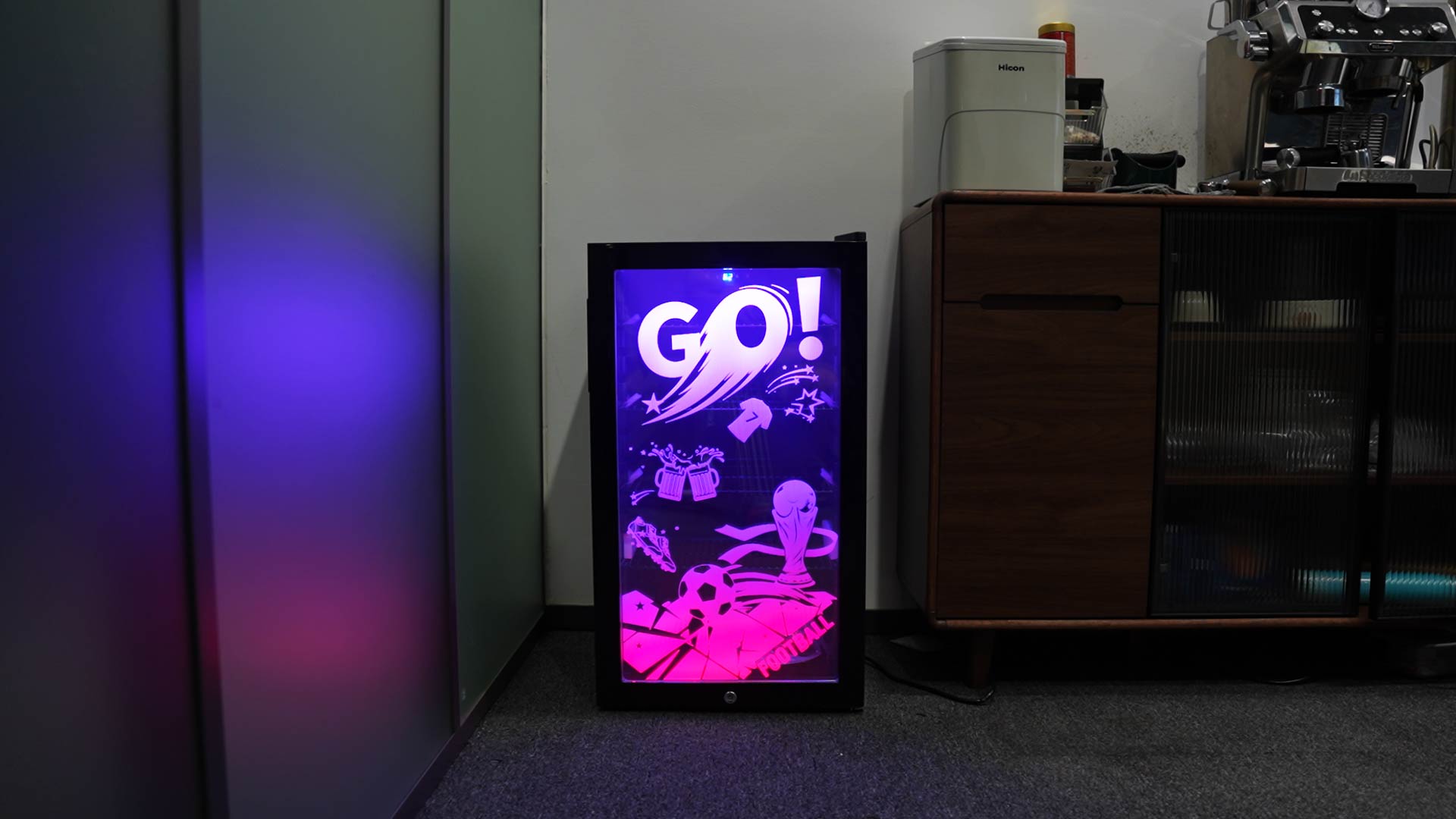 Image of Small Beverage Refrigerator with LED Light Up Door - 128 Can Freestanding Drink Fridge, Mini Beer Cooler with 4 Removable Shelves, Child Safety Lock for Party Bar Gaming Room,World Cup Edition