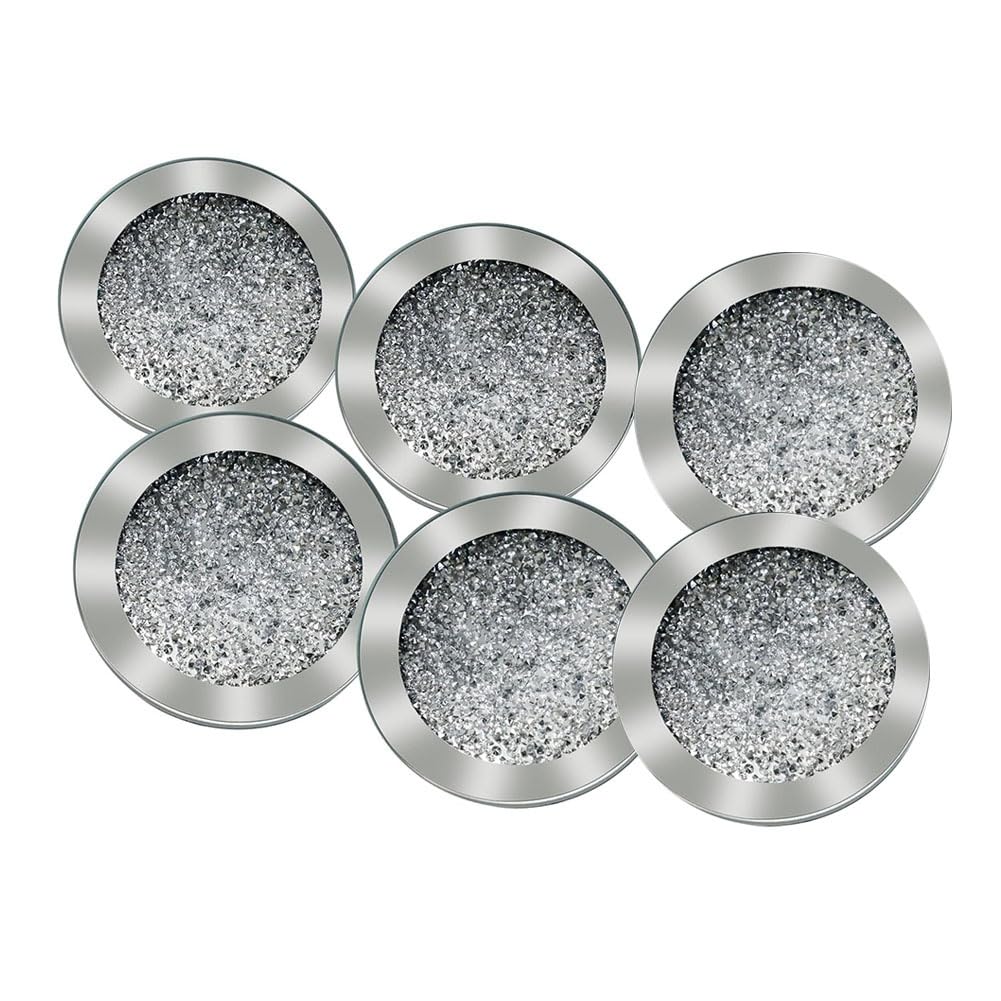 IJSDNVJNDX 6pcs Silver Glass Coasters for Drinks Crushed Round 4" Cup Mat Decor on Tabletop for Kitchen Bar Home for Bar Tools Dining Table