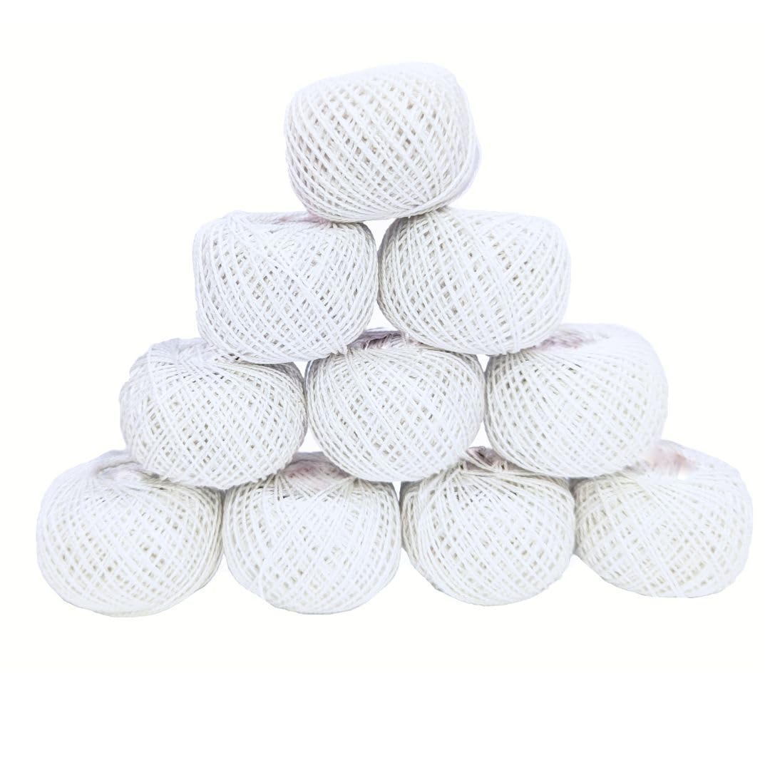 KGS Crochet Thread Set | 10 Fine Cotton Yarn Balls | Size 8 | Total 100 Grams of Pearl Cotton Thread for Crocheting, Cross Stitch, Needleword & Needlepoint Hand Embroidery (White)