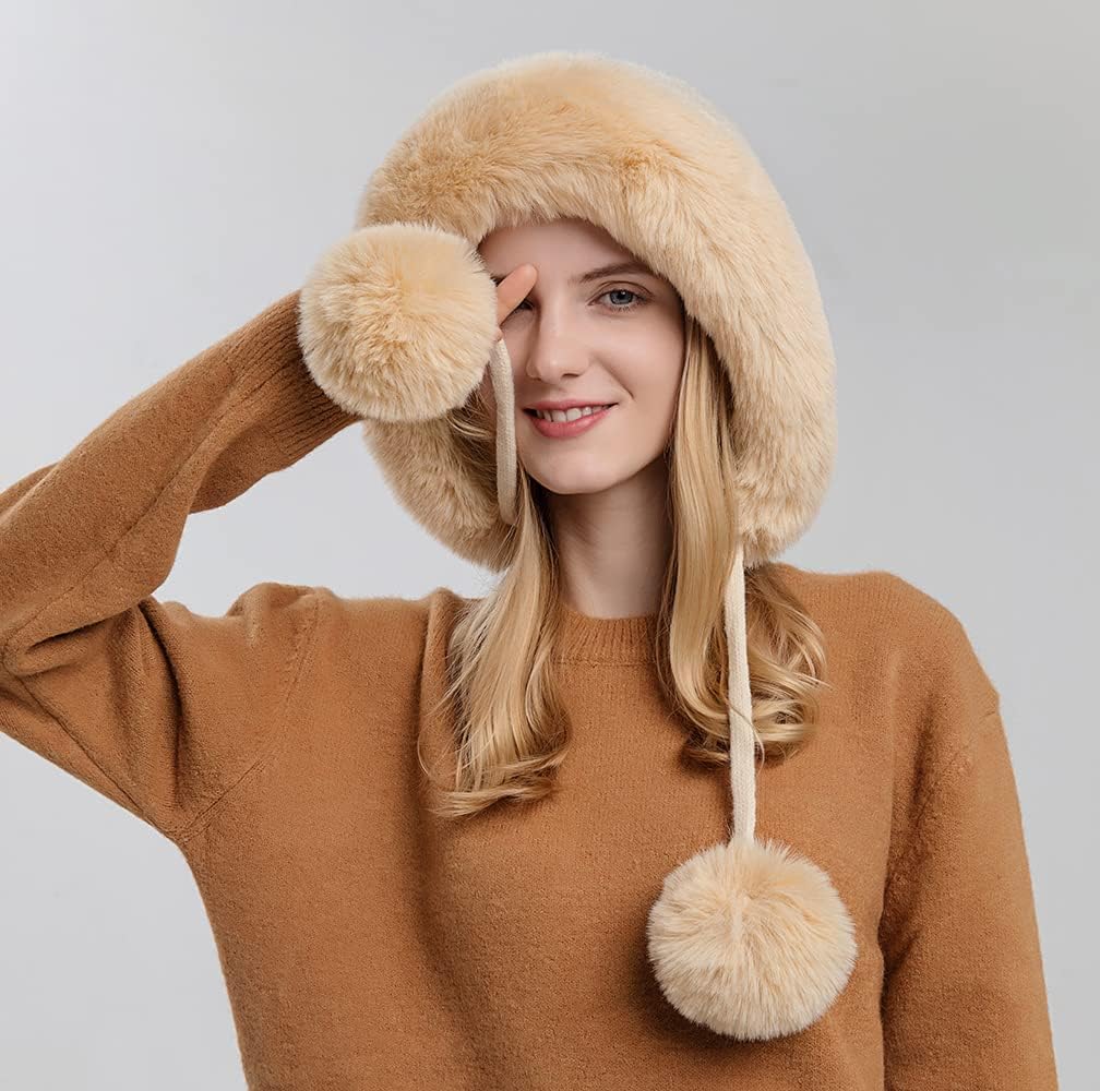 Winter Beanie Hats for Women with Ear Flaps Faux Fur Crochet Skull Cap Warm Outdoor Ski Snow Hats Pompoms - Image 6