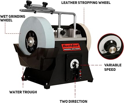 BUCKTOOL 250mm Variable Speed Wet Bench Grinder, Wet Stone Sharpener System | 90-160 RPM Reversible Rotation, 220-Grit Wheel, Water Cooling and Dry Honing for Knives, Chisels and Workshop Tools