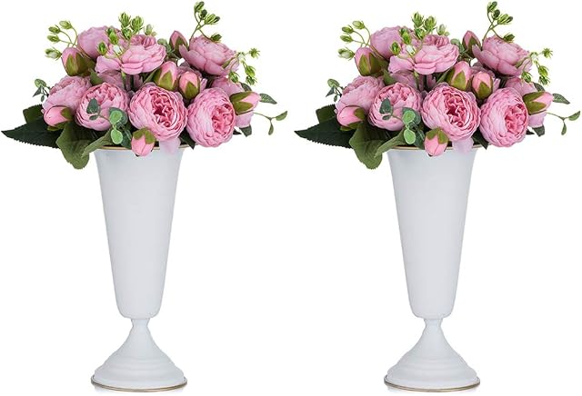 NUPTIO Pcs of 2 Flowered Metal Trumpet Vase Elegant Wedding Centerpieces Vase for Wedding Party Decoration, 26.7cm Tall Artificial Flower Arrangements for Anniversary Ceremony, White