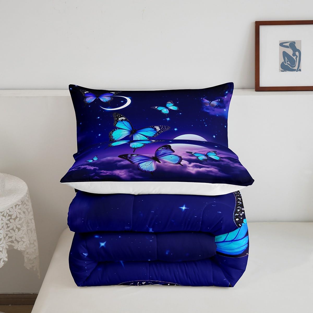 Blue Butterfly Girls Comforter Set Queen Size Blue Purple Starry Sky Galaxy Print Bedding Set for Kids Girls Teens Romantic Bedroom Decor Quilt,Flying Butterflies Rustic Garden Theme Duvet Insert