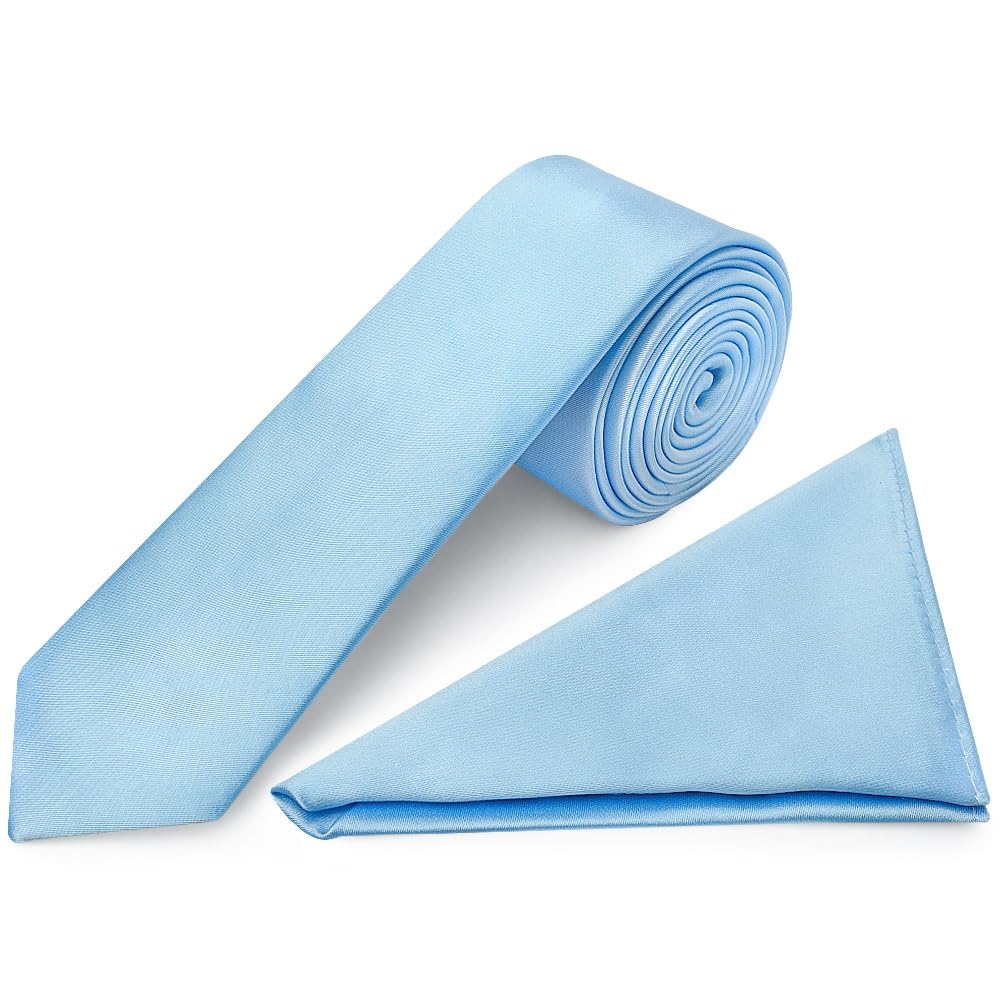 Ties R Us Men's Blue Plain Sky Satin Skinny Tie And Pocket Square Set