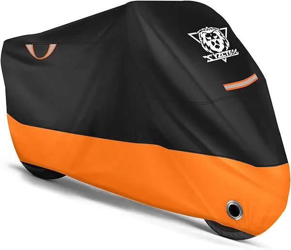 XYZCTEM Motorcycle Cover Waterproof Outdoor All Season Protection Motorcycle Storage Night Reflective Handles with Lock-Holes Storage Bag Fits up to 116" Motorcycle Vehicle Covers, Black&Orange