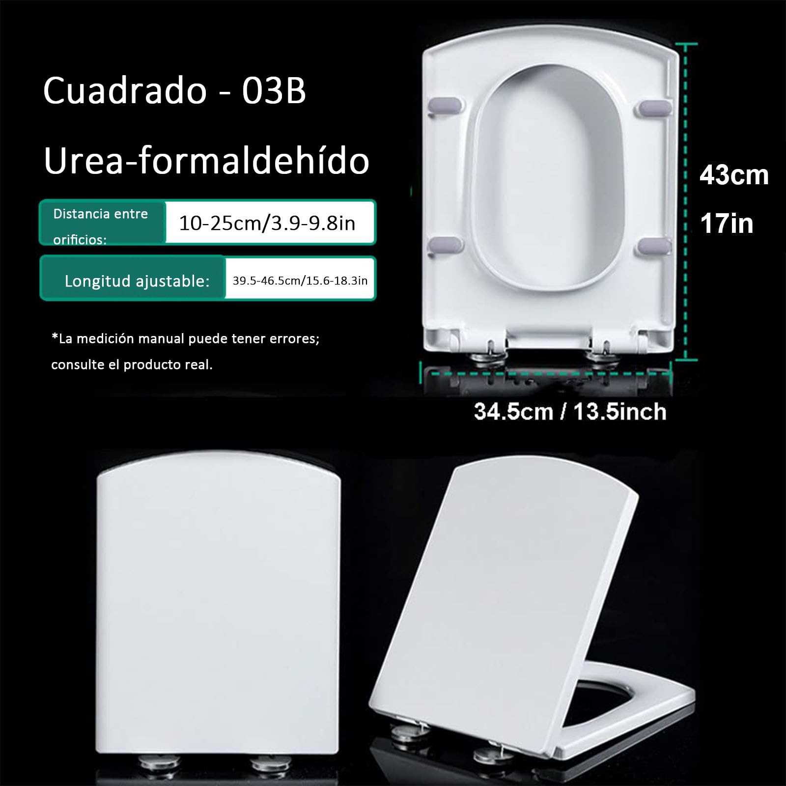 Tapa Wc Cuadrado Ultrafino, Asiento de Inodoro con Cierre Suave y Liberación Rápida para una Fácil Limpieza, Tapa de Inodoro de Urea Formaldehído, Blanco, 03B, 34.5x43cm