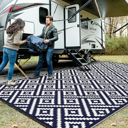 Image of GENIMO Outdoor Rug, Waterproof Plastic Rugs 9'x18' for Camping Blue White