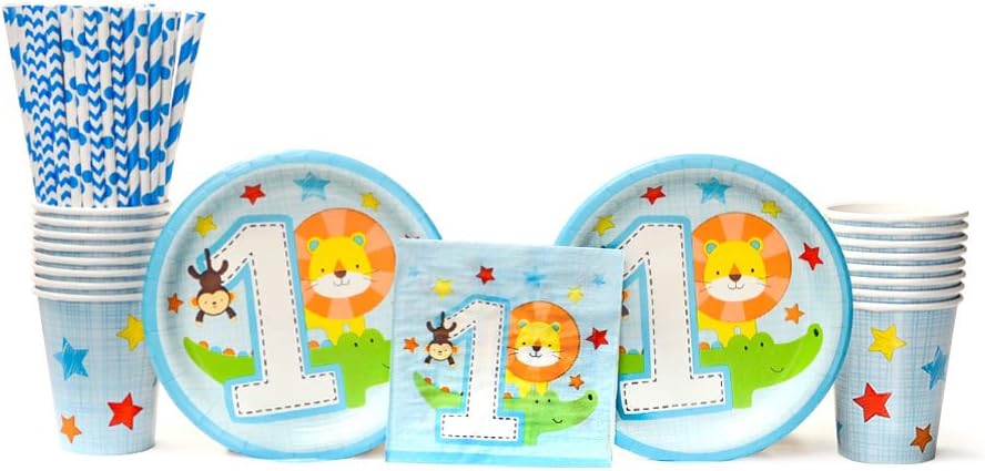 One is Fun! Boy Birthday Party Decorations Party Supplies Pack: Straws, Dessert Plates, Beverage Napkins, and Cups