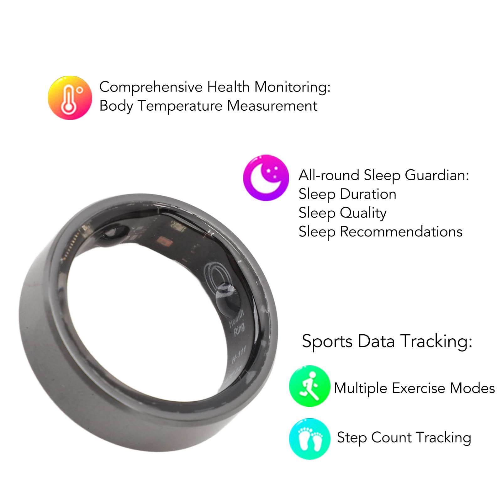 Smart Ring Monitoraggio del Sonno, Temperatura, Contapassi, Ricarica Wireless, Monitoraggio della Salute Sportiva, Monitor della Frequenza Cardiaca per l'uso Quotidiano (N. 7)