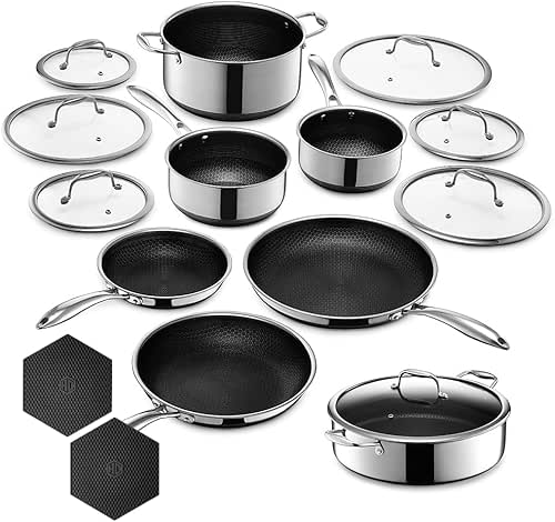 HexClad Hybrid Nonstick 16-Piece Cookware Set, 2, 3, and 8Qt