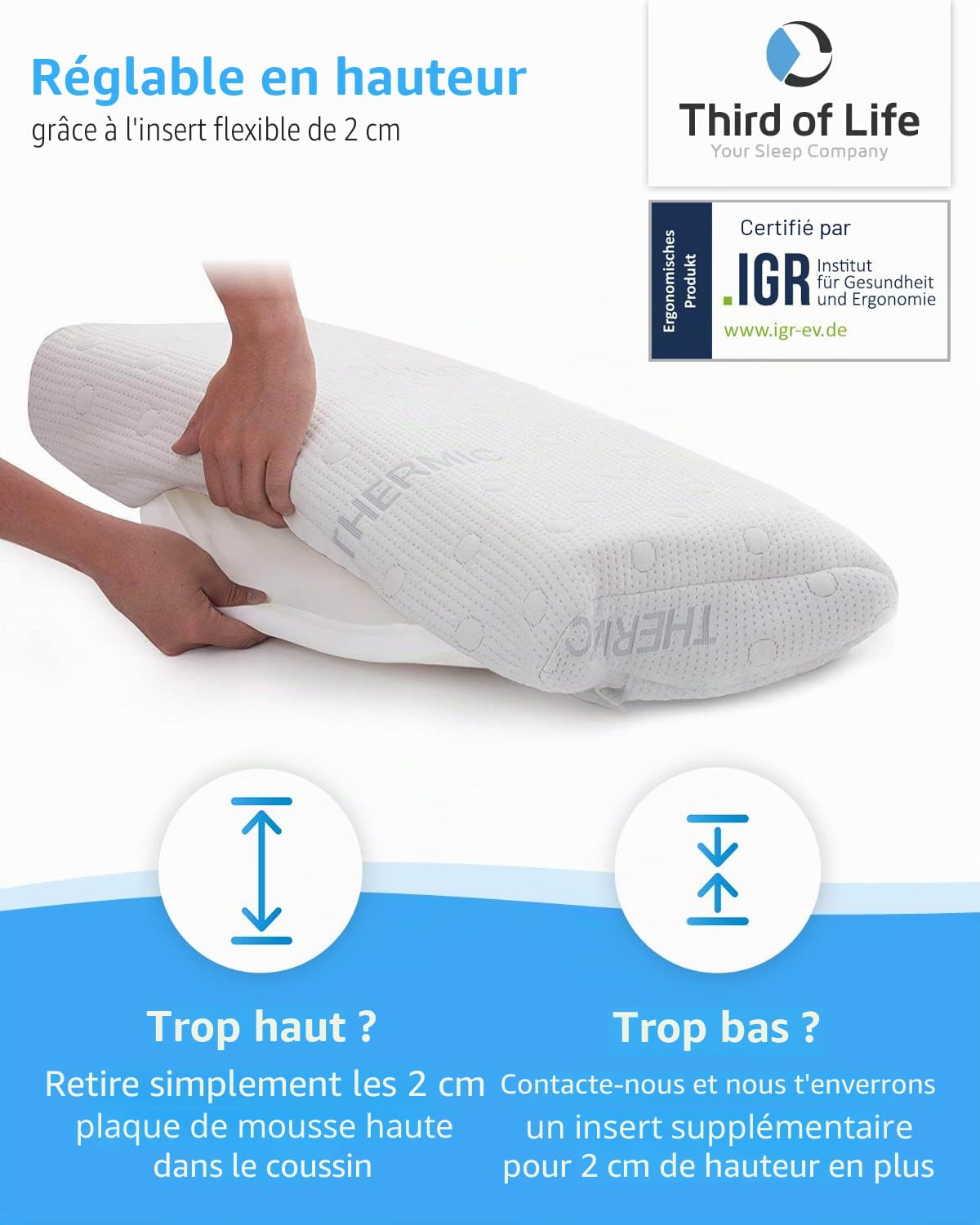 Oreiller à Mémoire de Forme HADAR | Pour Dormir sur le Dos ou sur le Côté | Coussin Ergonomique Cervical | Mousse Viscoélastique | Housse avec Thermorégulation | S'adapte aux taies 80x40cm