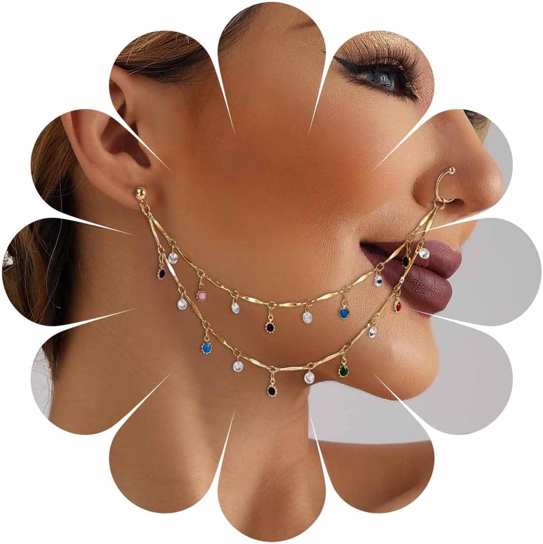 Punk Fake Nose Ring Hoop Crystal Rhinestone Nose Rings with Chain Tassel Non-Piercing Hollow Leaf Nose to Ear Chain Jewelry Indian Nose Ring Studs Nostril Body Accessories for Women