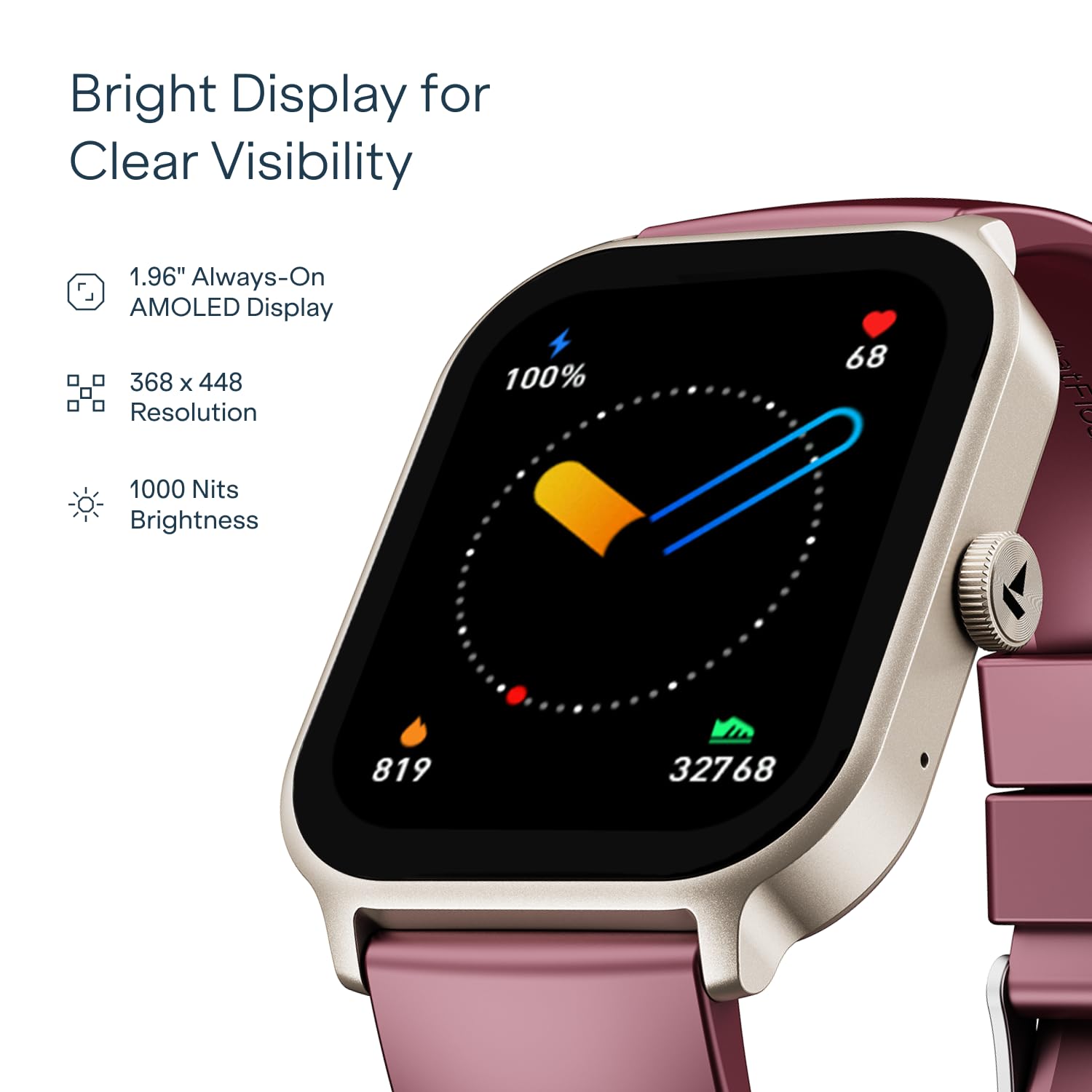 boAt Ultima Ember 2 Smartwatch, 1.96” AMOLED Display, Ultra Bright 1000 nits Brightness, AOD, Personalized Fitness Nudges, Functional Crown, 100+ Sports Mode smartwatch for Men & Women (Velvet Wine) — Amazon image 3