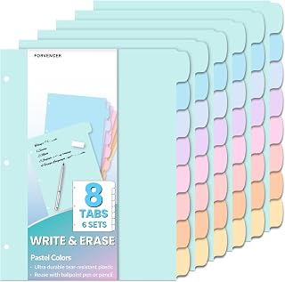 Forvencer 48Pcs/6Set Binder Dividers with Big 8 Tabs, Write&Erase Plastic Dividers for 3 Ring Binder, Tab Divider with Sticker Labels for Student, Teacher, Office, Home Organizers, School Supplies