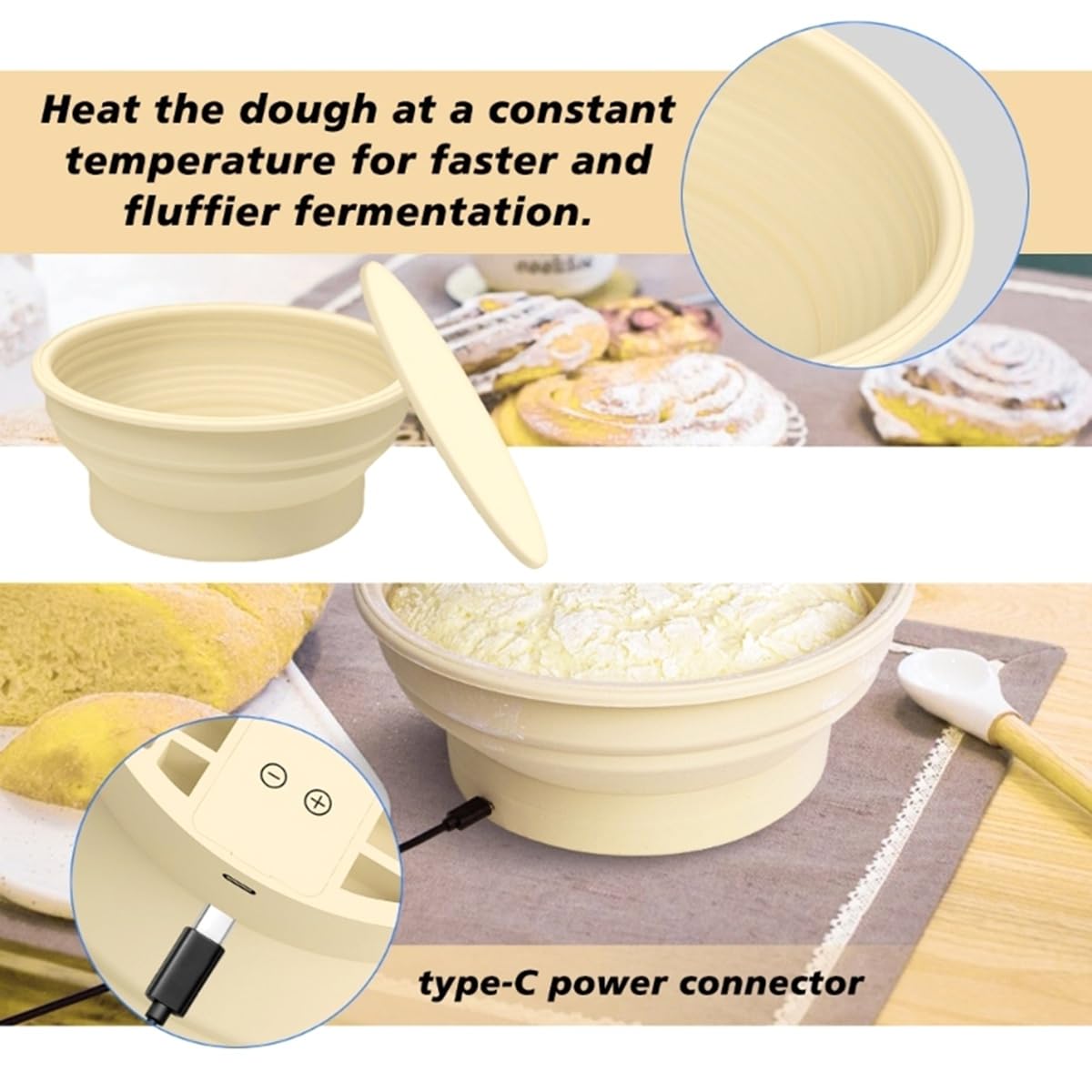 Cestino di lievitazione elettrico rotondo pieghevole con regolazione della temperatura, in silicone per lievito