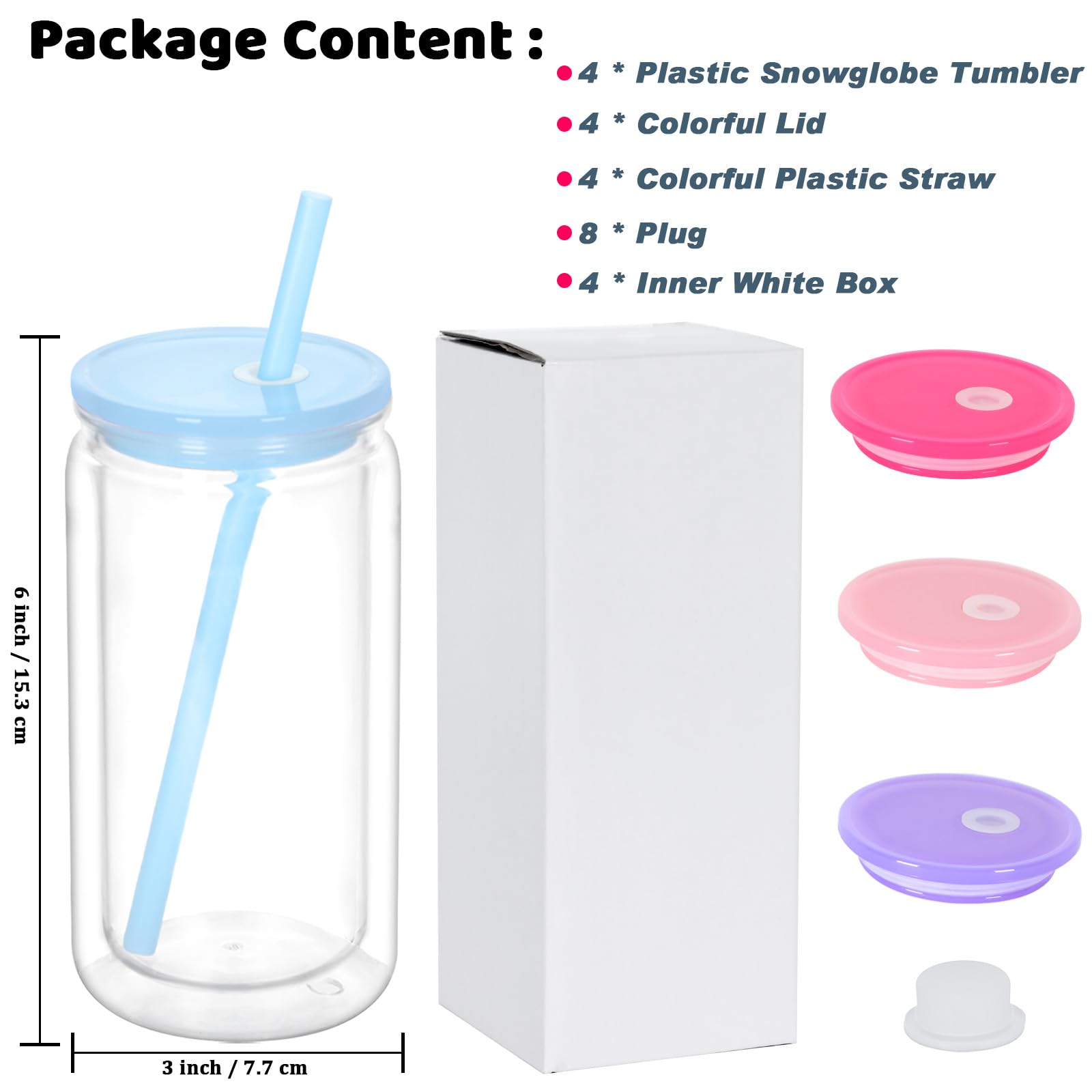 16oz Plastic Snowglobe Tumbler, 6 stuks voorgeboorde dubbelwandige