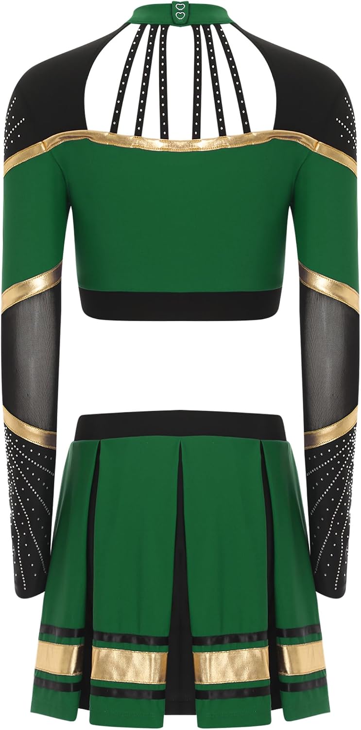 2 Pcs Women's Cheer Leader Outfit Long Sleeve Sequins Crop Top with Pleated Skirt Set
