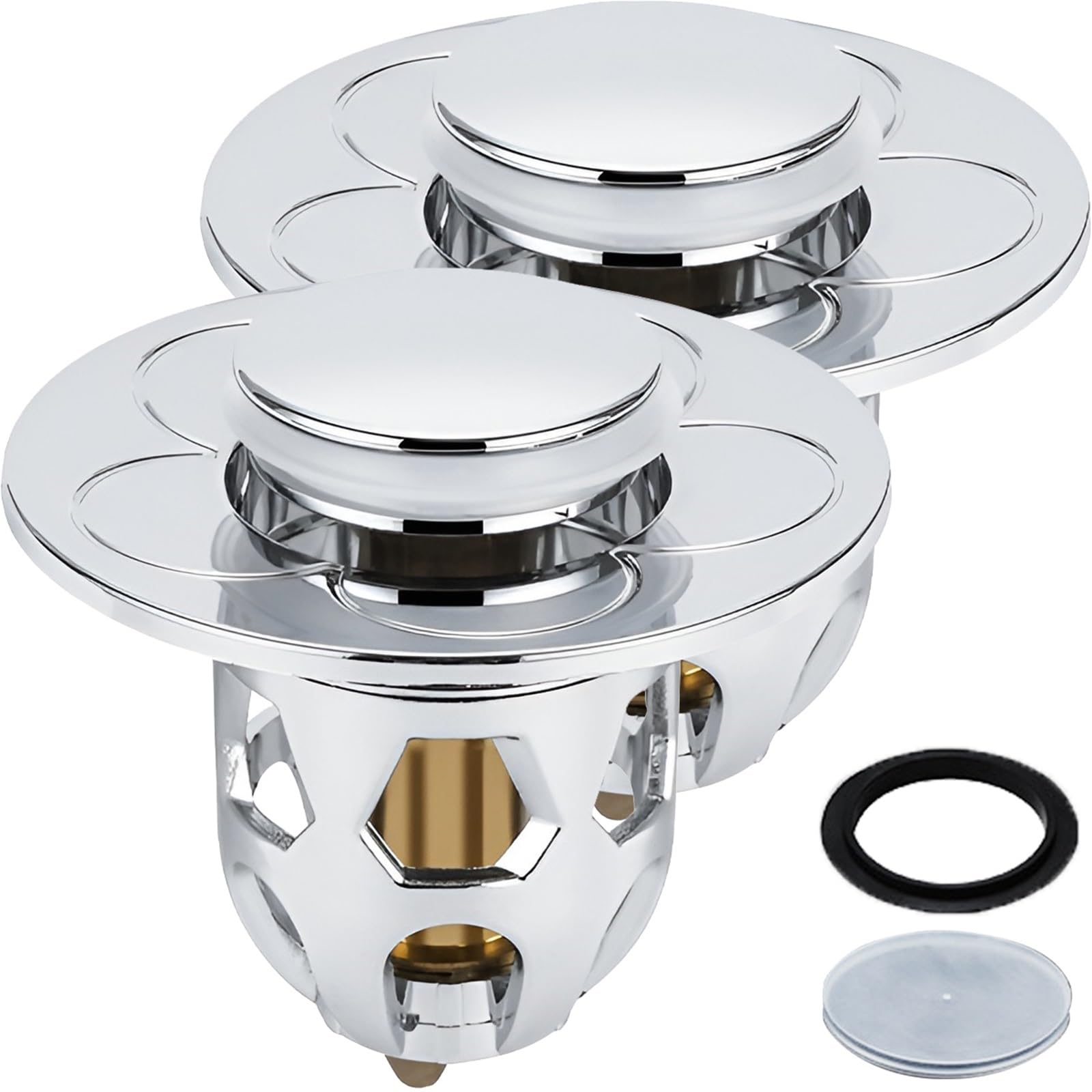 Sink Plug Universal Rebound Drain Filter Basin Pop-up Chrome Sink with Hair Catcher Bathroom Stopper Easy Push Type for Washbasin(Silver 2pcs)