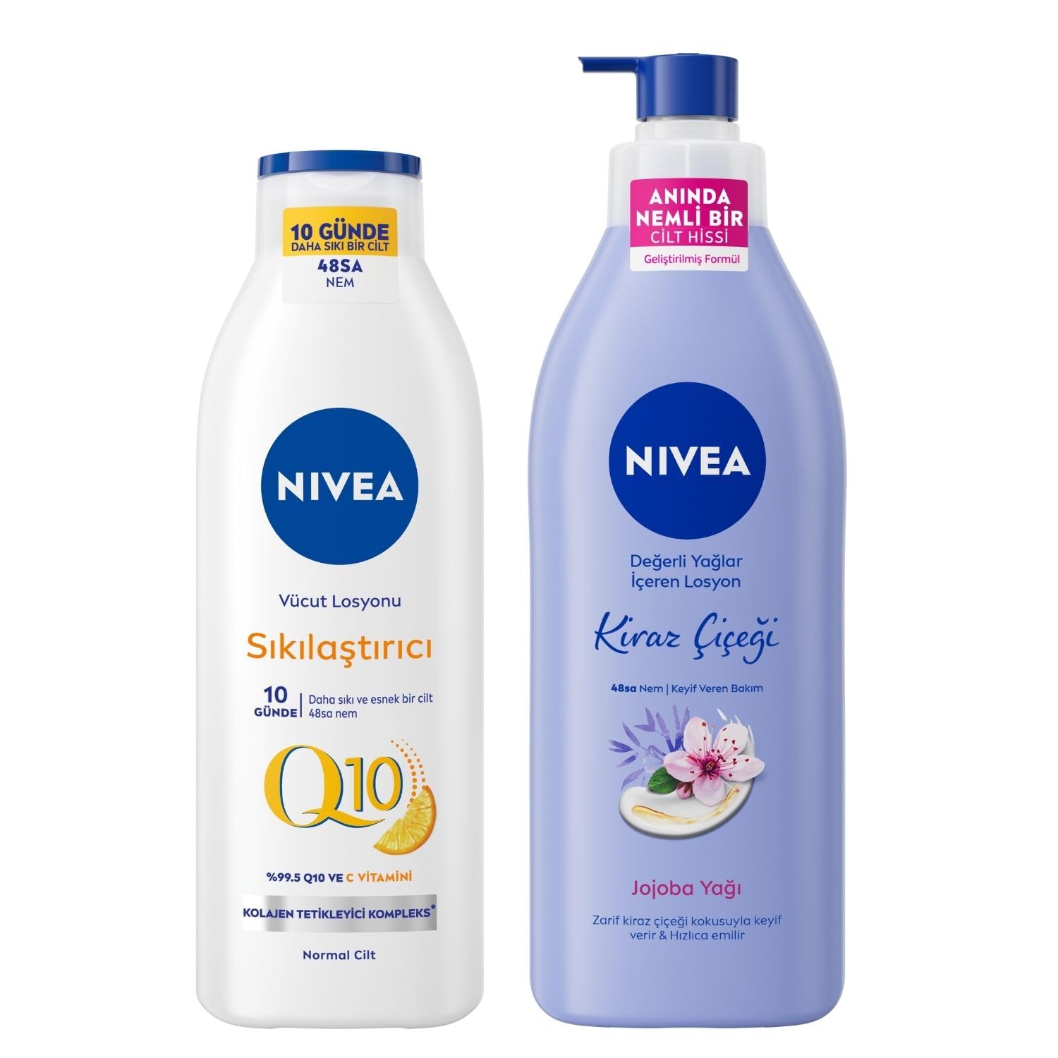 NIVEA Q10 Sıkılaştırıcı C Vitamini Vücut Losyonu 250ml ve Kiraz Çiçeği Nemlendirici Vücut Losyonu 400ml