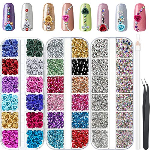 240 Pieces Metal Flower 3D Roses Flowers, 4488 Pieces AB Nail Rhinestones Crystal 12 Colors Flatback Rhinestones Clear with Tweezers and Rhinestone Picker Pen for Nail Art Decoration