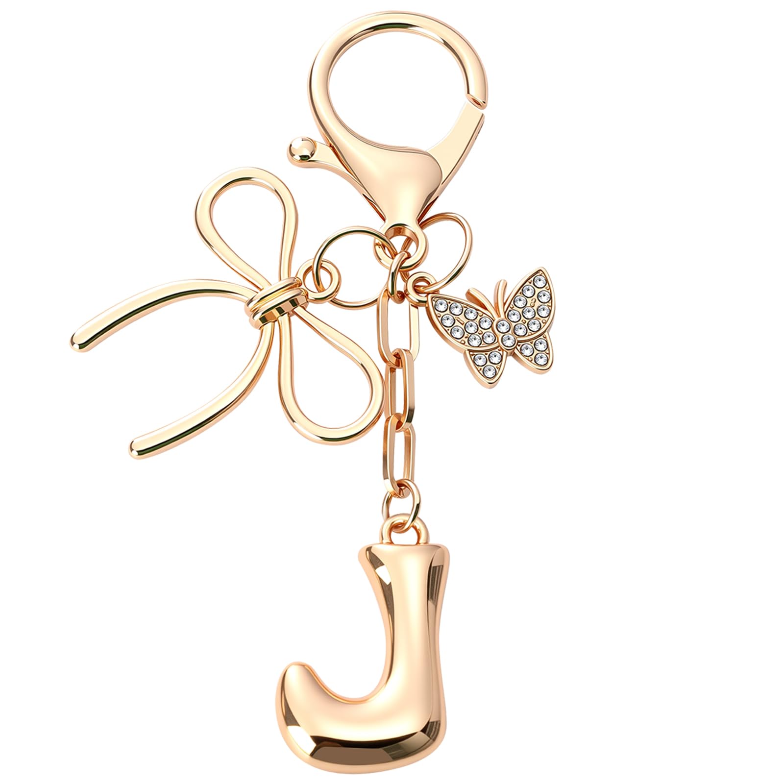 Sylixonae Bubble Initial Keychain with Bow & Butterfly - Gold Letter Bag Charms for Women, Cute Purse Handbag Accessories