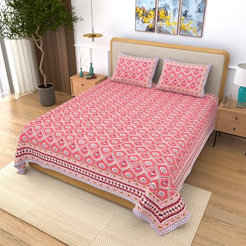 Image of India 100% Pure Cotton Jaipuri Printed Double Bedsheet with 2 Pillow Covers | Traditional Sanganeri Floral Design | Soft Breathable Fabric | King Size Bedsheet for Bedroom (Kaya47)