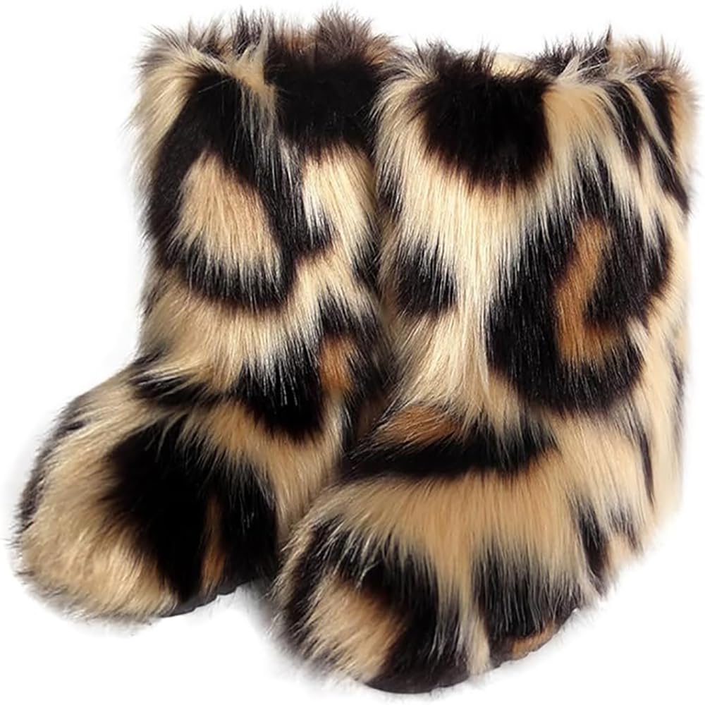 Womens Faux fur Boot Furry Fluffy Short Snow Boot Mid-Calf Boots Warm Comfortable Outdoor Flat Shoes