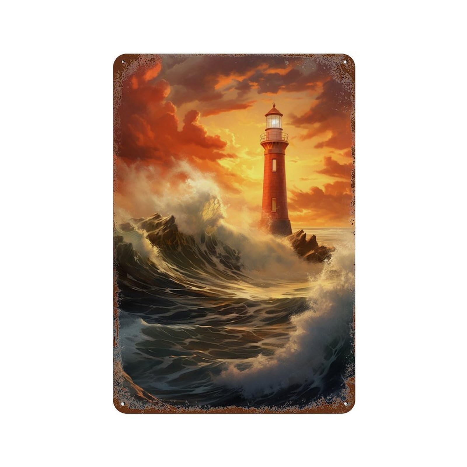 Aged Metal Wall Plaque with Lighthouse in Stormy Seas Design 11.8"x7.9", for Shed, Workshop And Garage Wall Decor, Decorative Metal Wall Art