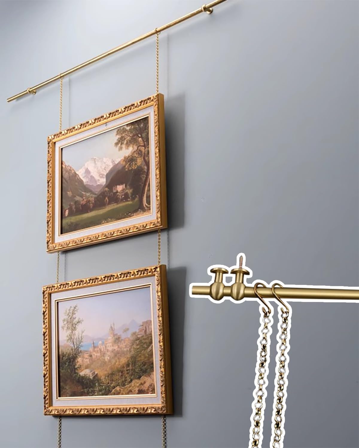 Binario per Quadri Wall Brass Picture Hanging System for Art Gallery, Wall Mount Artwork Display for Kids Art, Decorative Adjustable Suspension Cable Kit Supports(35.4inch/2.9ft)