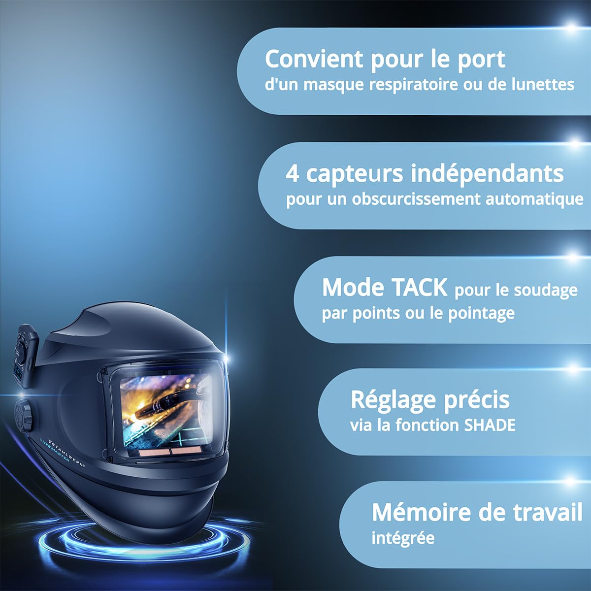 STAHLWERK Casque de soudage automatique 3 en 1 Master Air - Casque de soudage avec alimentation en air frais, contrôle de la fonction par Bluetooth, rendu des couleurs True-Colour, obscurcissement DIN