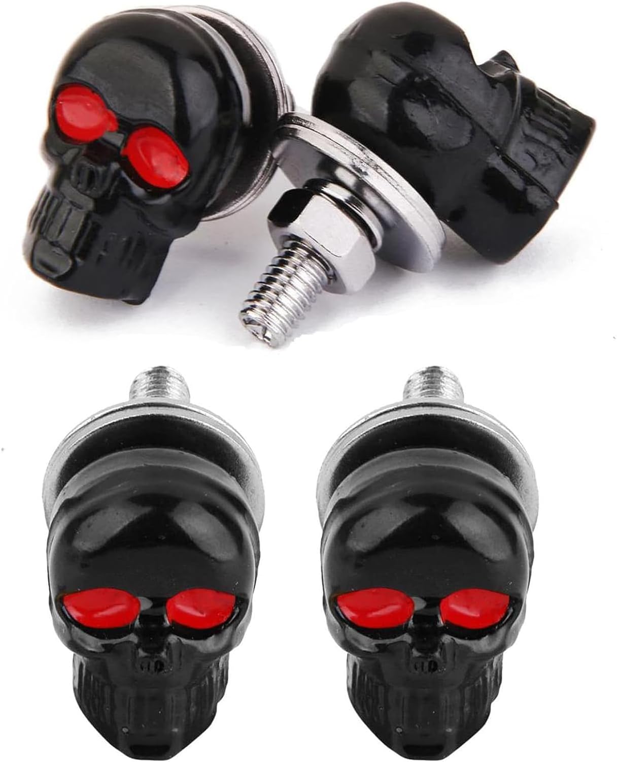 Skull License Plate Screws Universal Car Motorcycle License Plate Frame Bolts Fasteners 3D Skull Stainless Steel Windscreen Trim Cover Replacement Kit (Black, 4 Pack)