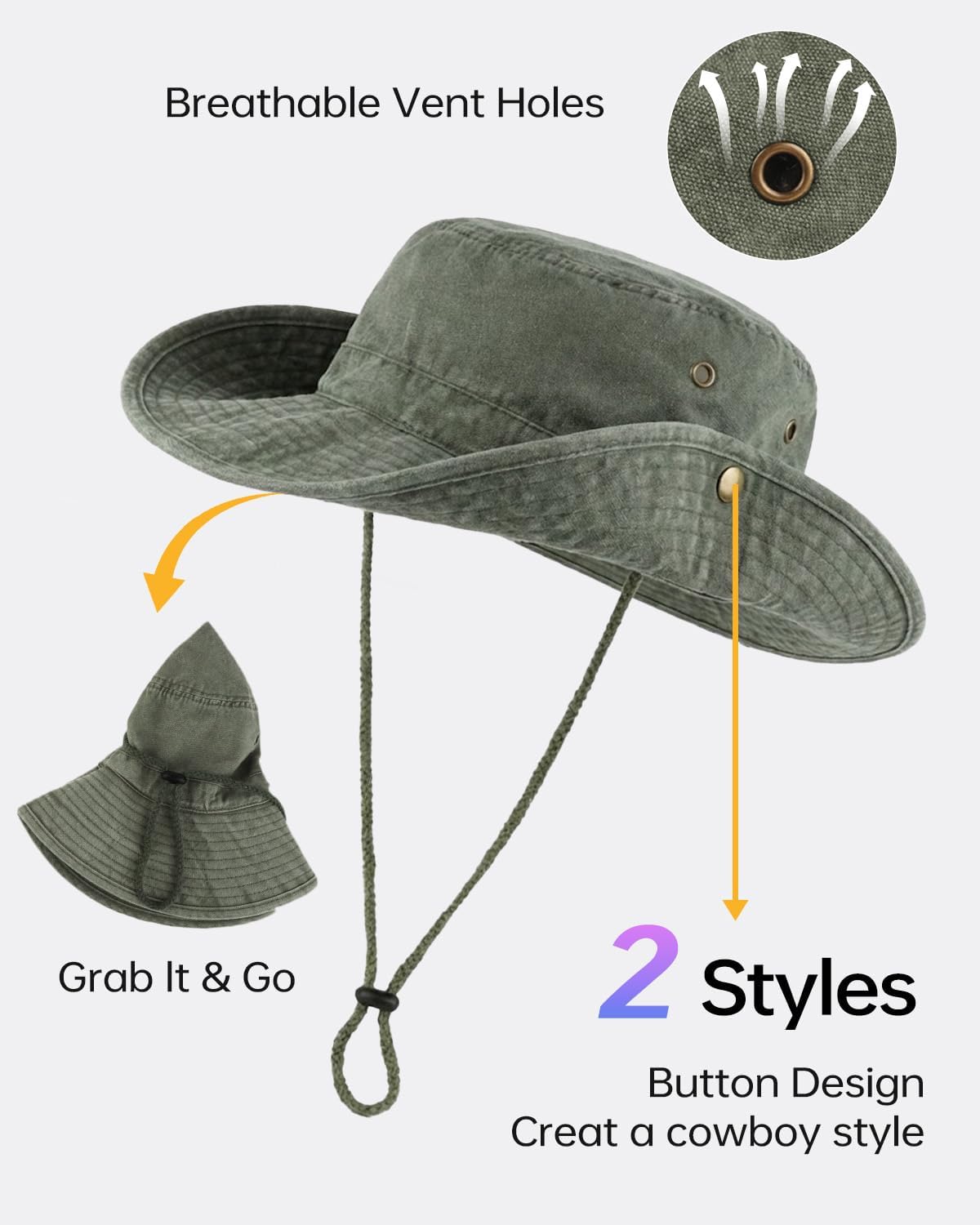 Zylioo XXL Boonie Sun Hat for Big Heads, Washed Wide Floppy Brim Hiking Hat with Chin Strap, Cooling Safari Fishing Hat - Image 3