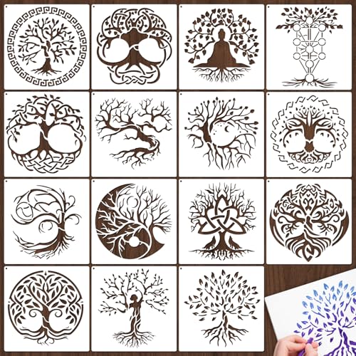 Yazhiji 15Pcs 6 x 6 Inch Tree of Life Stencil, Reusable Stencils for Painting on Wood Decoration Painting Templates for Wall Floor DIY Decorations Christmas Gifts for Kids