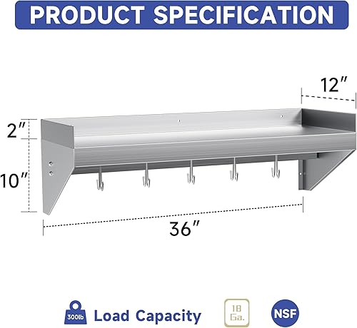 Miniatura 2 de Halamine Estante de acero inoxidable de 36 x 12 pulgadas, estante de pared de acero inoxidable con 5 ganchos, estante de pared de cocina, estante