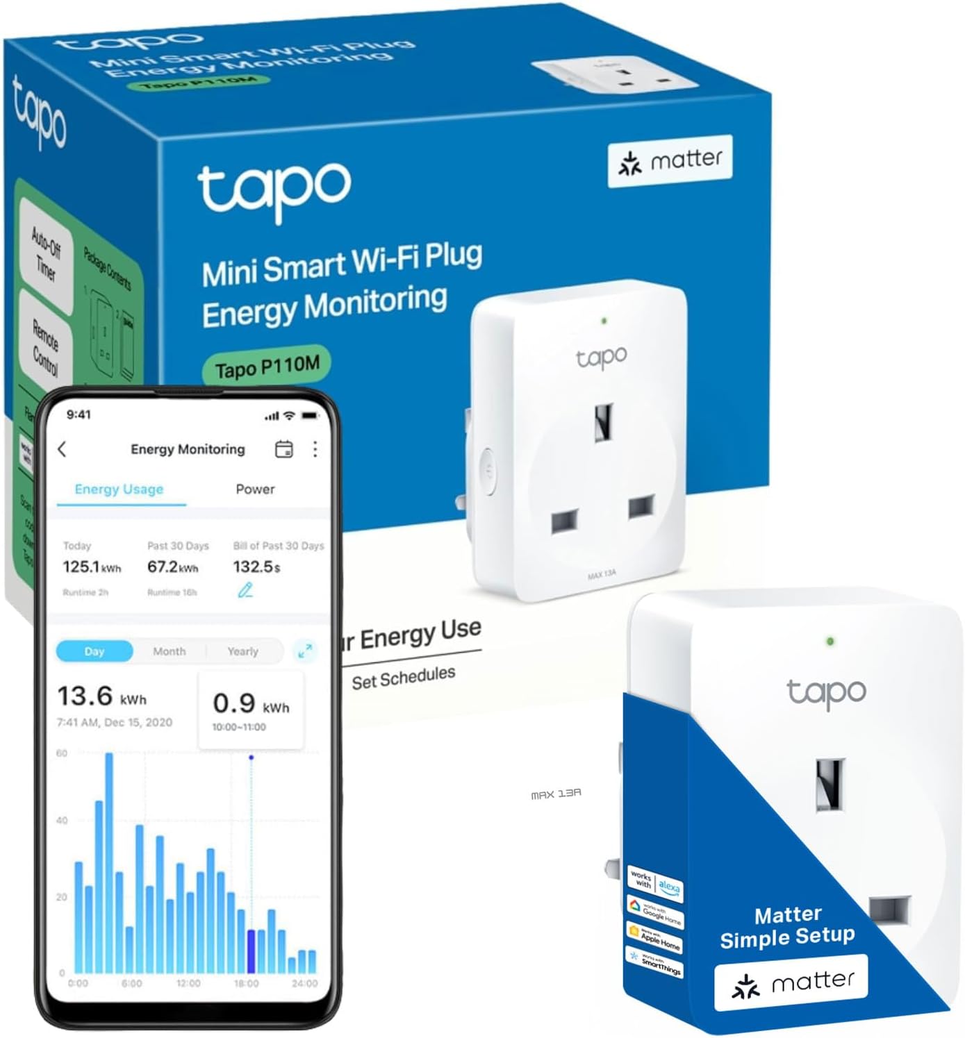 Tapo Matter Smart WiFi Plug with Energy Monitoring, Alexa Smart Plug