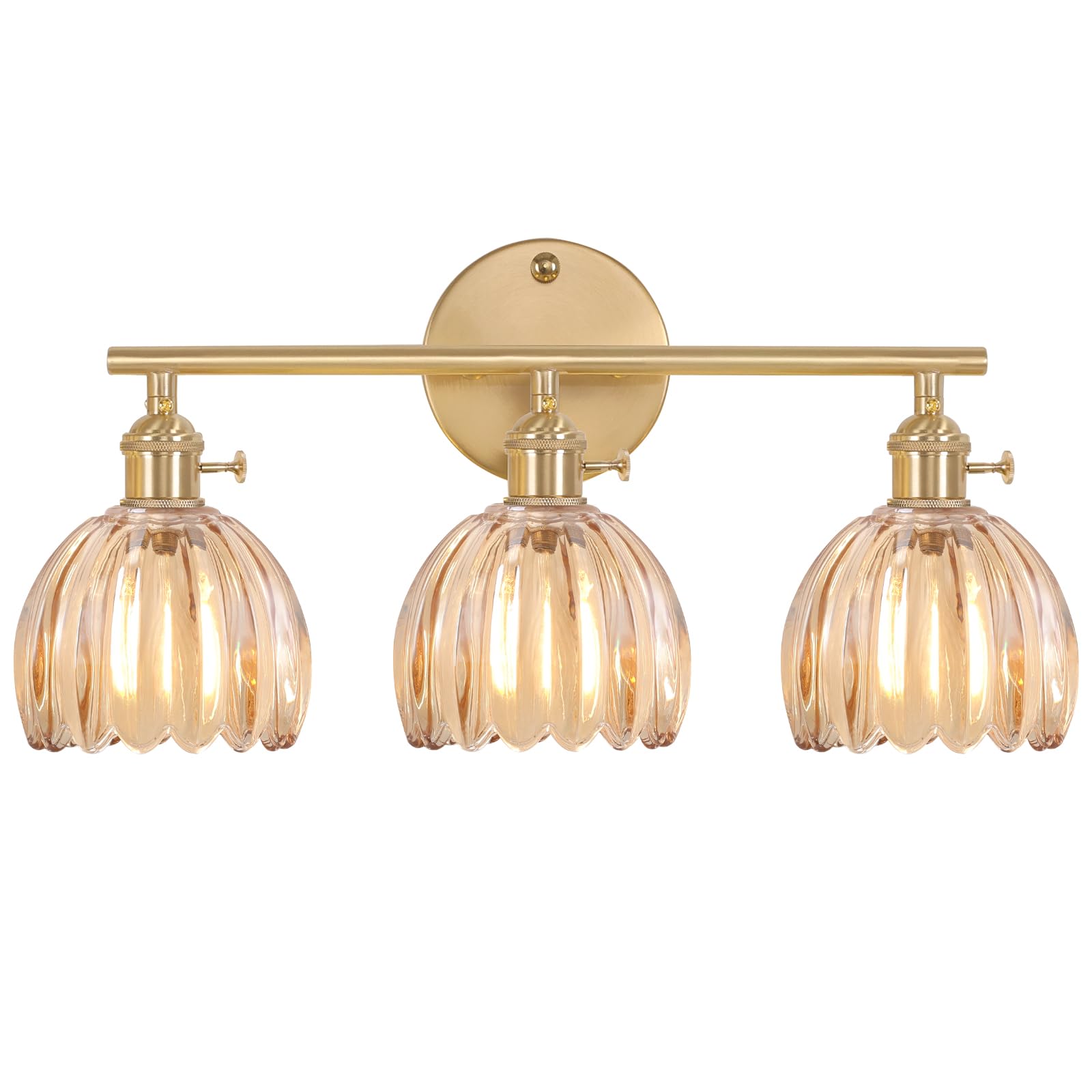 Bathroom Light Fixtures 3-Light Brass Vanity wall Light Over Mirror with Amber Tulip Glass Shade for Bedroom Living