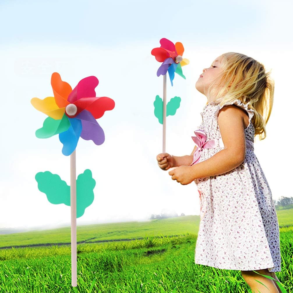 Ipetboom 5Pcs Multicolored Pinwheel Toy with Wooden Stick Windmill Toy for Kids Party Decor Photo Props for Yard Outdoor Areas Kindergarten